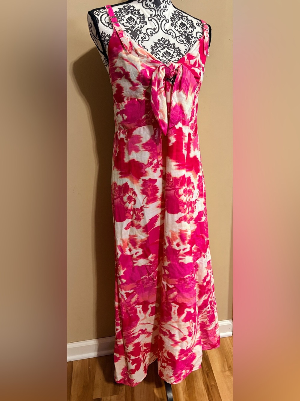 DKNY Pink & White Abstract Floral Watercolor Tie-Front Maxi Dress size 16 NWT